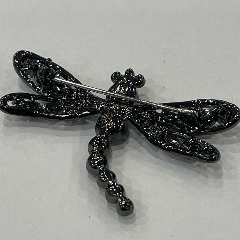 Vintage Multicolor Rhinestone Dragonfly Brooch Black Metal  Has Crown Mark - Picture 9 of 16